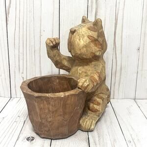Boho Hand Carved Primitive Wooden Cat Planter or Utensil Holder Rustic Folk Art